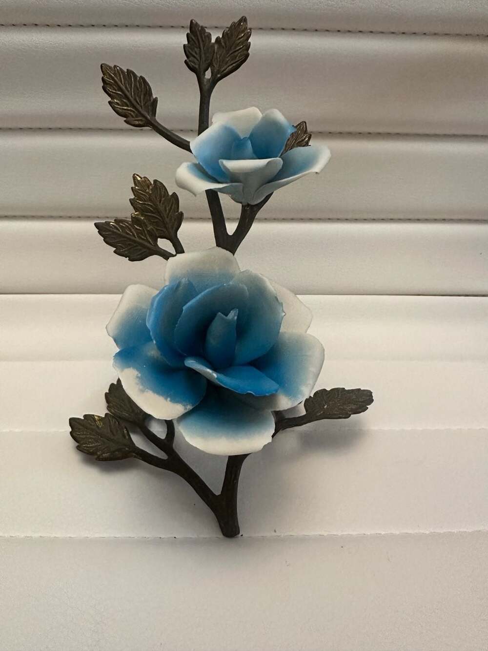 Vintage Porcelain Blue Roses on Brass Stand with Leaves